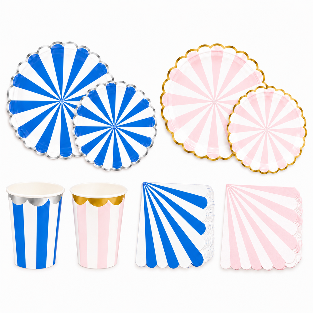 Pool Party 8 Persons Striped Tableware Set (Plates, Cups & Napkins)