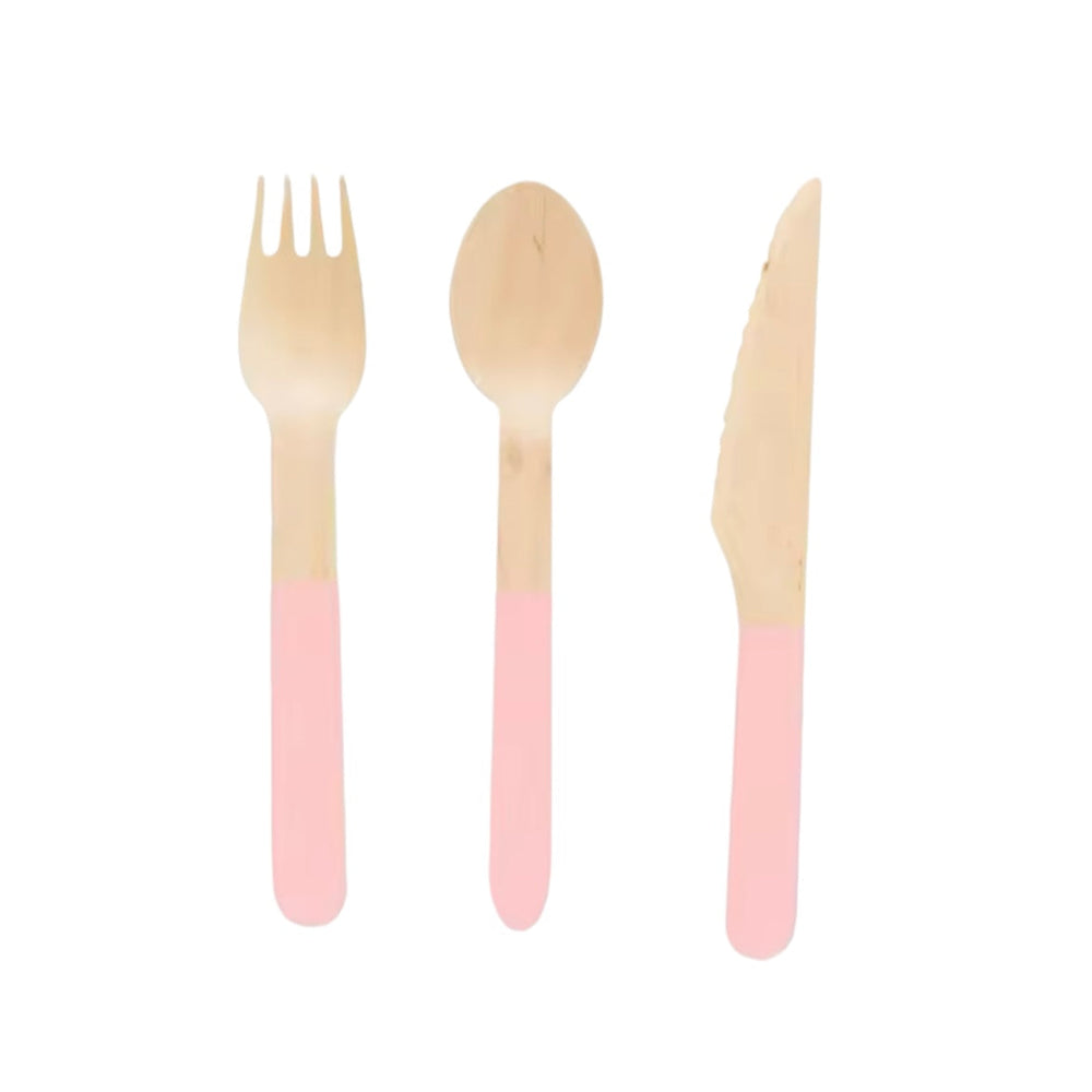 Pink wooden cutlery, 8 sets