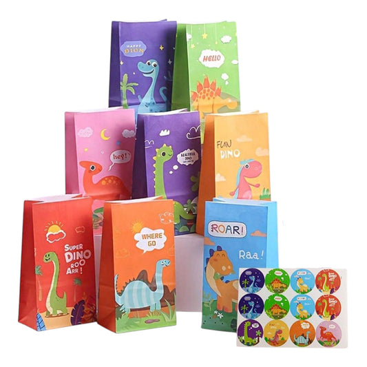 أكياس ورقية للهدايا مع ملصقات على شكل ديناصورات (8 قطع)