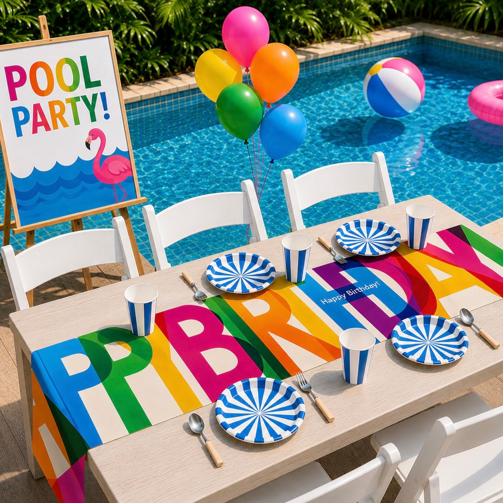 Pool Party Neon Happy Birthday Table Runner