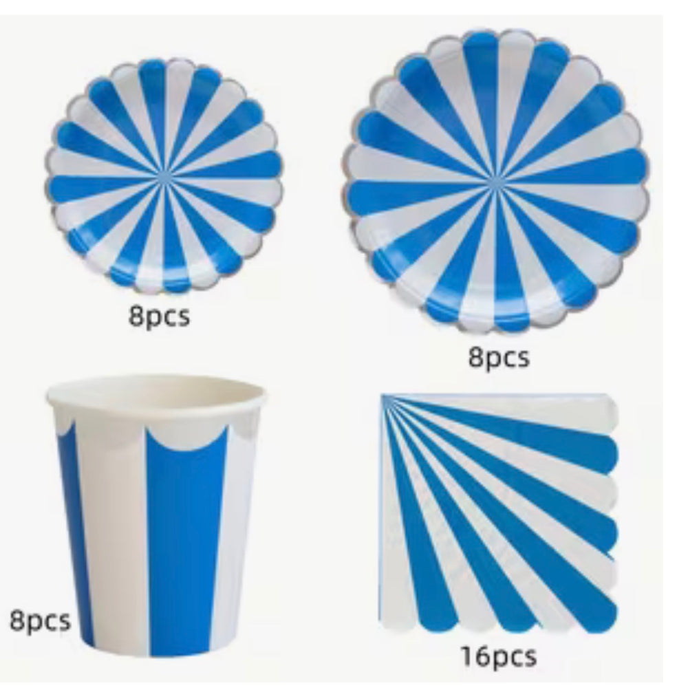 Pool Party 8 Persons Striped Tableware Set (Plates, Cups & Napkins)