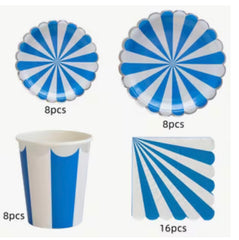 Pool Party 8 Persons Striped Tableware Set  (Plates, Cups & Napkins)