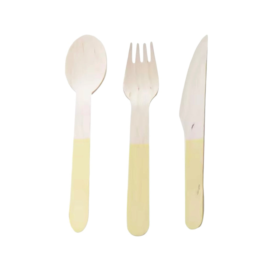 Yellow wooden cutlery, 8 sets