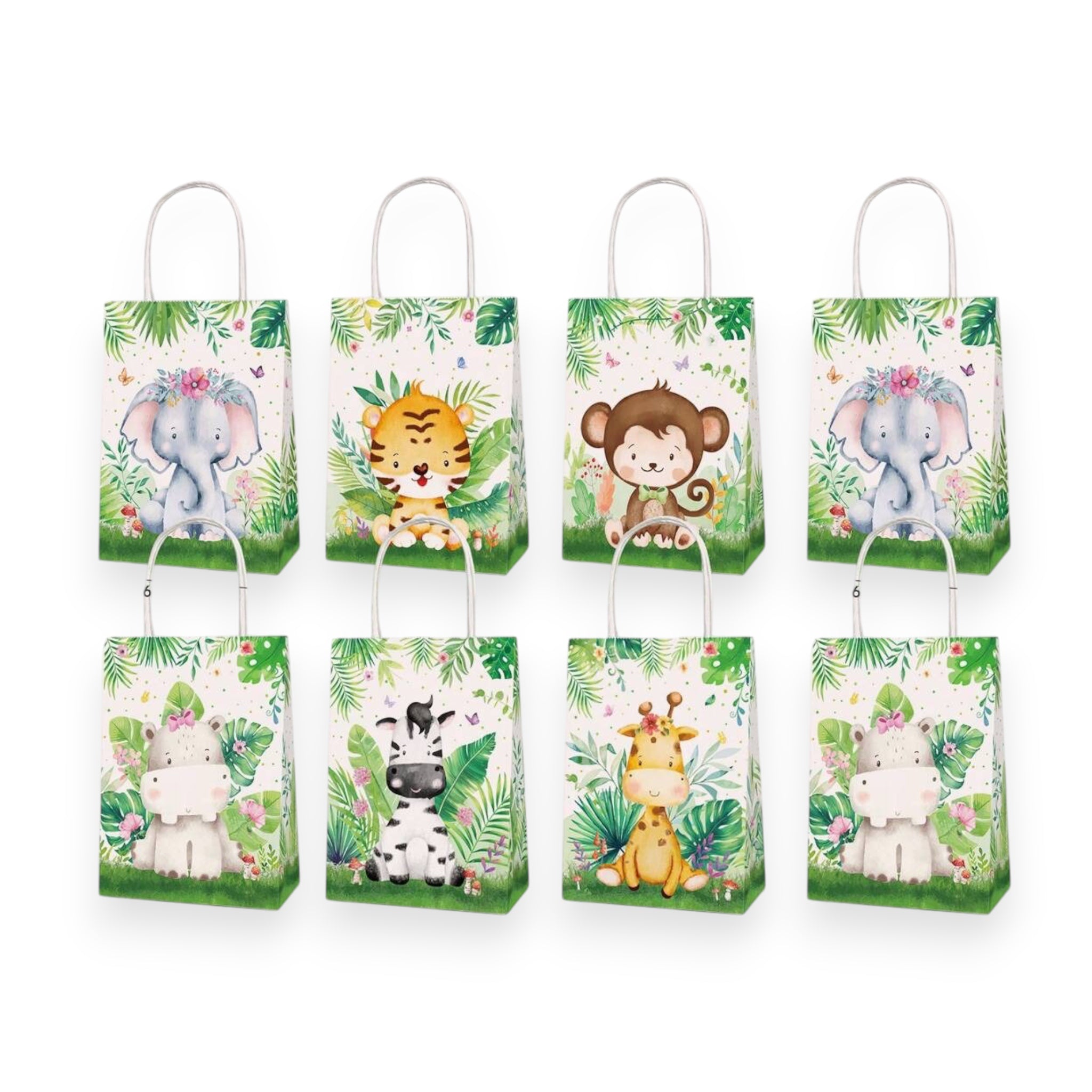Set of eight small gift bags with animal illustrations on a white background