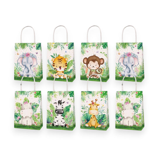 Set of eight small gift bags with animal illustrations on a white background