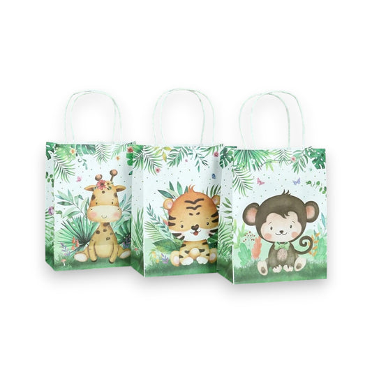 Three small gift bags with jungle animal designs on a white background