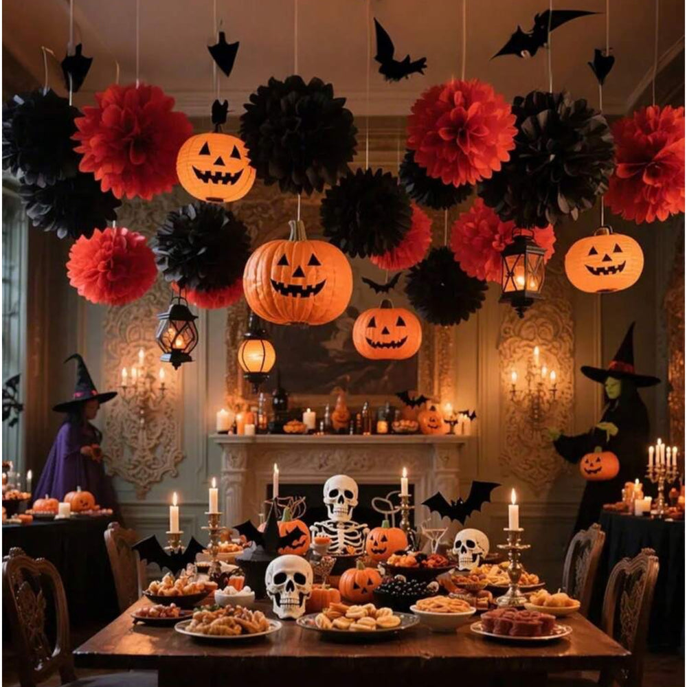 Halloween - Paper Flower Ball Pumpkin Lantern Decorations (13pcs)